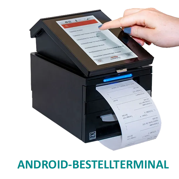 Abbildung eines Order Terminals mit Touchscreen - unten laeuft der Bon aus dem Geraet