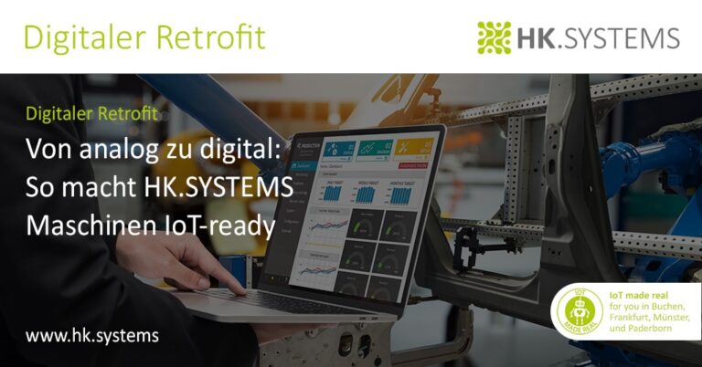 Abbildung: Digital Retrofit - ein Mensch an einem Laptop, der Maschinendaten ausliest
