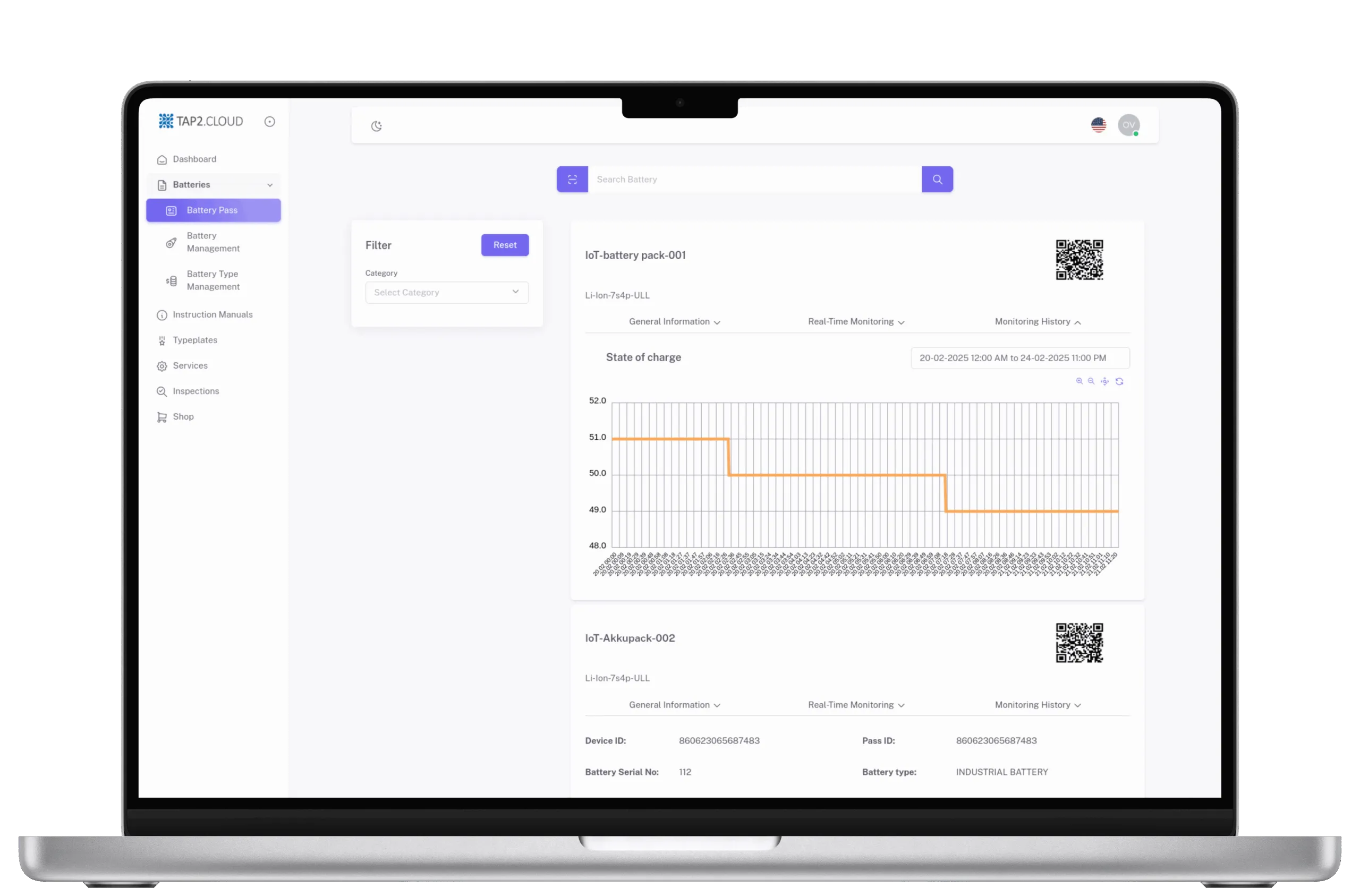 TAP2.CLOUD-Batteriepass mit Ladezustandsverlauf eines Akkupacks