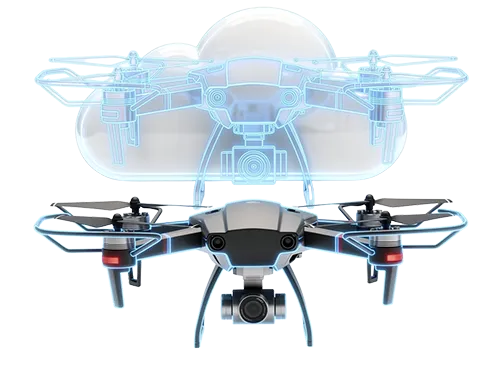 Drohne mit digital eingeblendetem 3D-Modell