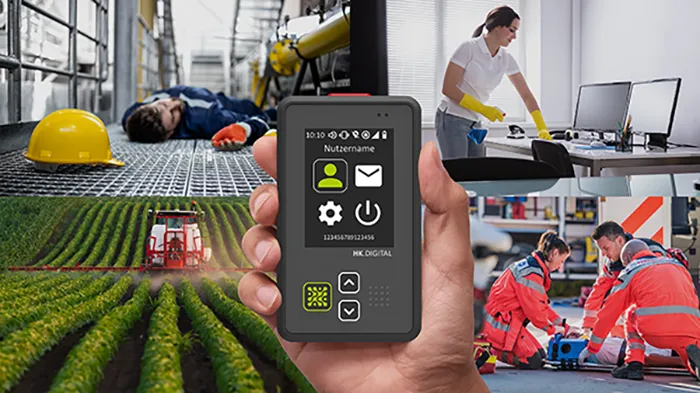 Mobiles FRED-Gerät vor Anwendungsbeispielen in Industrie, Landwirtschaft, Reinigung und Rettungsdienst