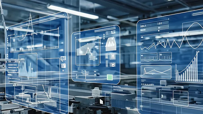 Digitale Dashboards und Diagramme über einer Produktionsanlage